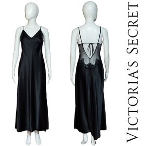 Vintage Victoria's Secret Side Slit Lace/Sequin Satin Tie Back Gown In Black